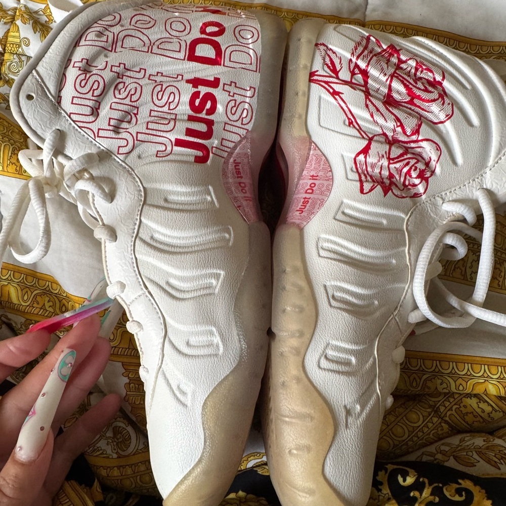 White Sneakers with Red Graphic Design
